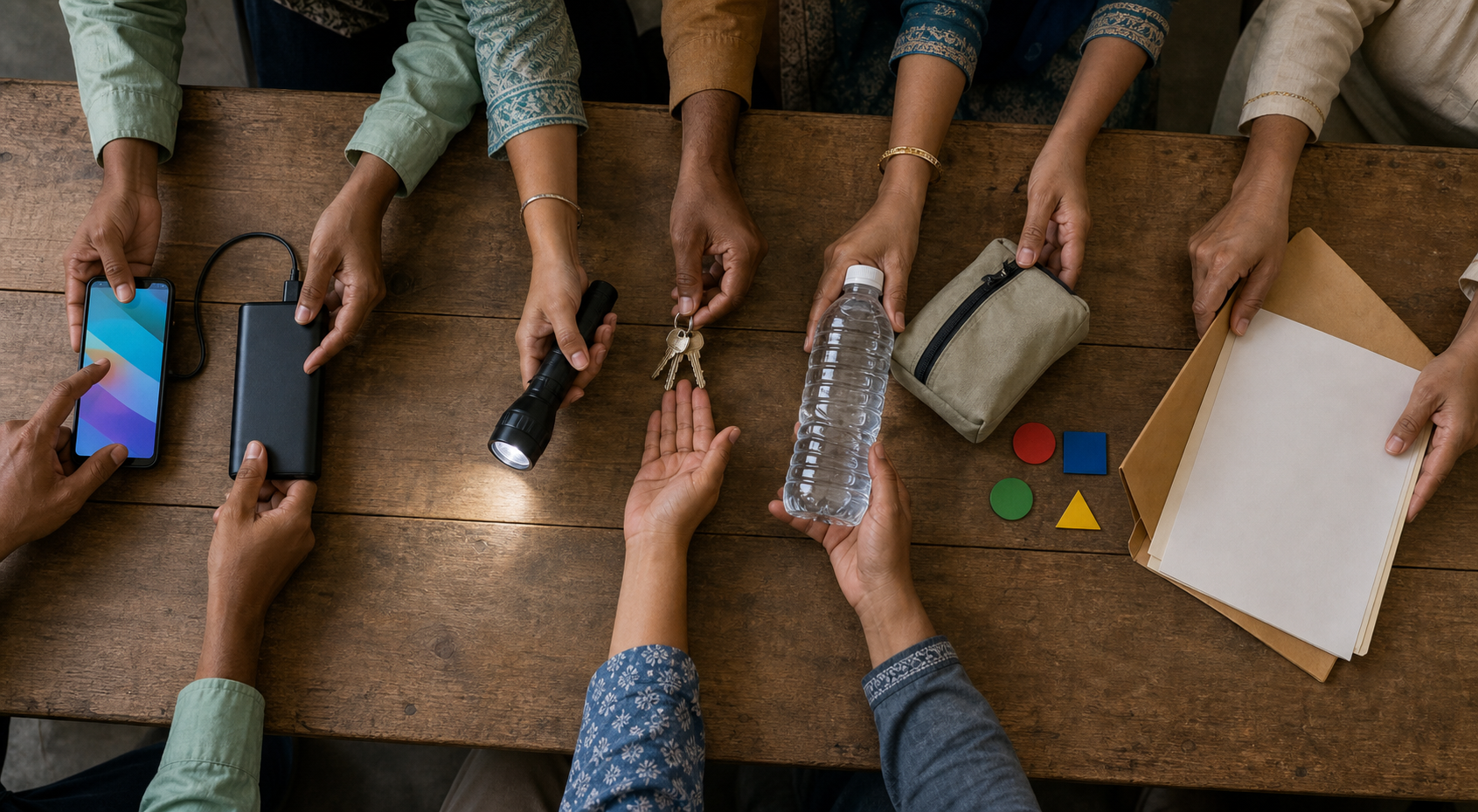 Hands around a wooden table connect a phone, battery pack, flashlight, keys, water, first-aid pouch, and blank document folder into a coordinated safety sequence.