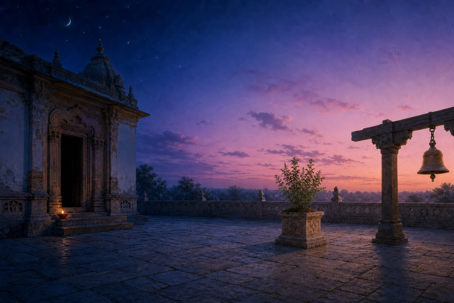 A single temple courtyard shifts from moonlit predawn darkness on the left to warm early-morning light on the right.