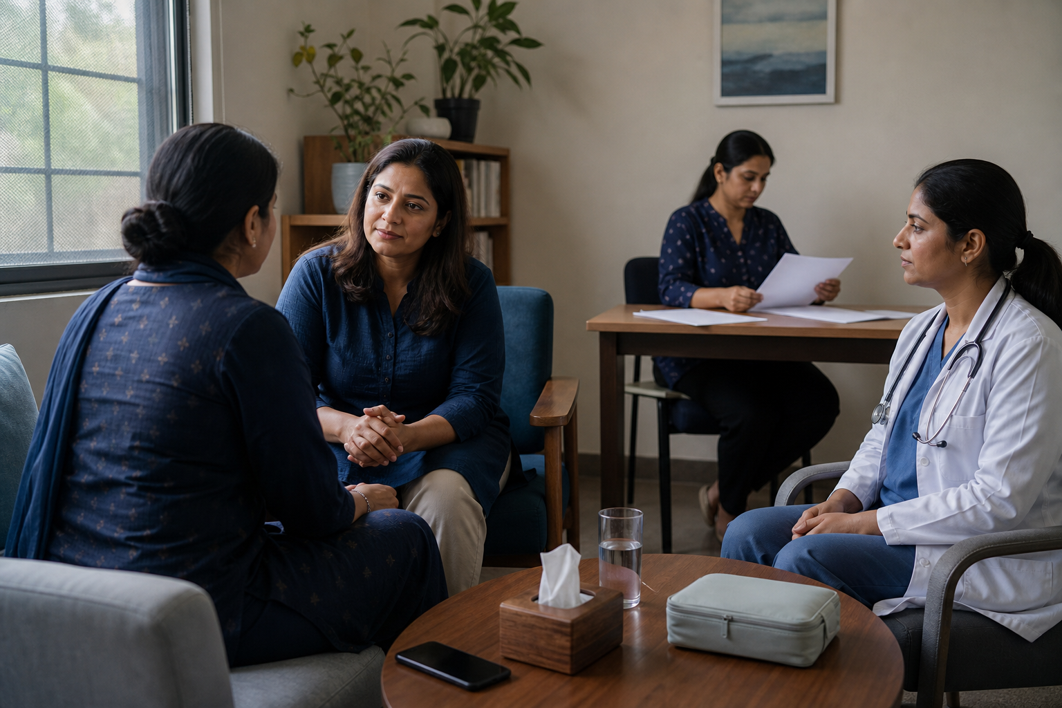 An affected South Asian adult receives private support from a seated advocate while medical and legal helpers remain available nearby.