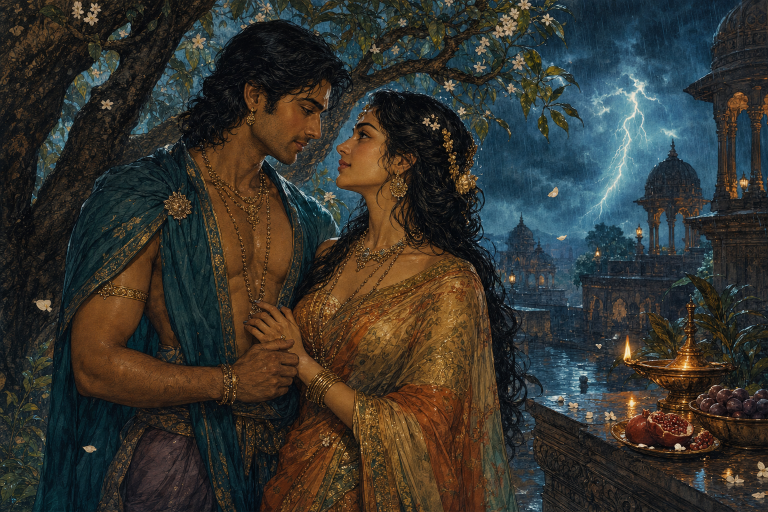 An adult couple exchange a mutual gaze beneath a flowering tree on a rain-wet palace terrace lit by an oil lamp.