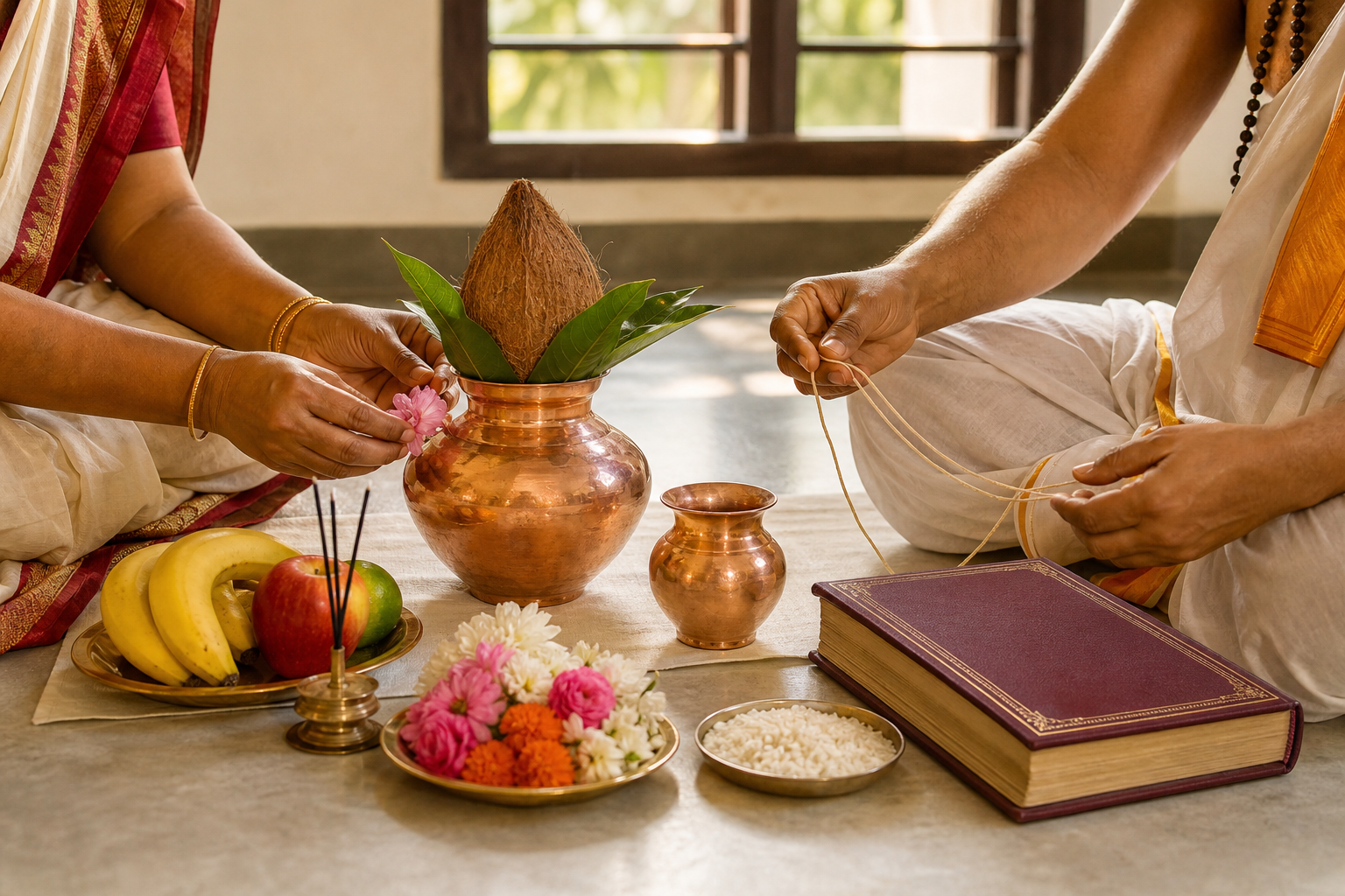 A devotee and priest arrange flowers, fruit, rice, incense, and copper vessels for a puja in daylight.