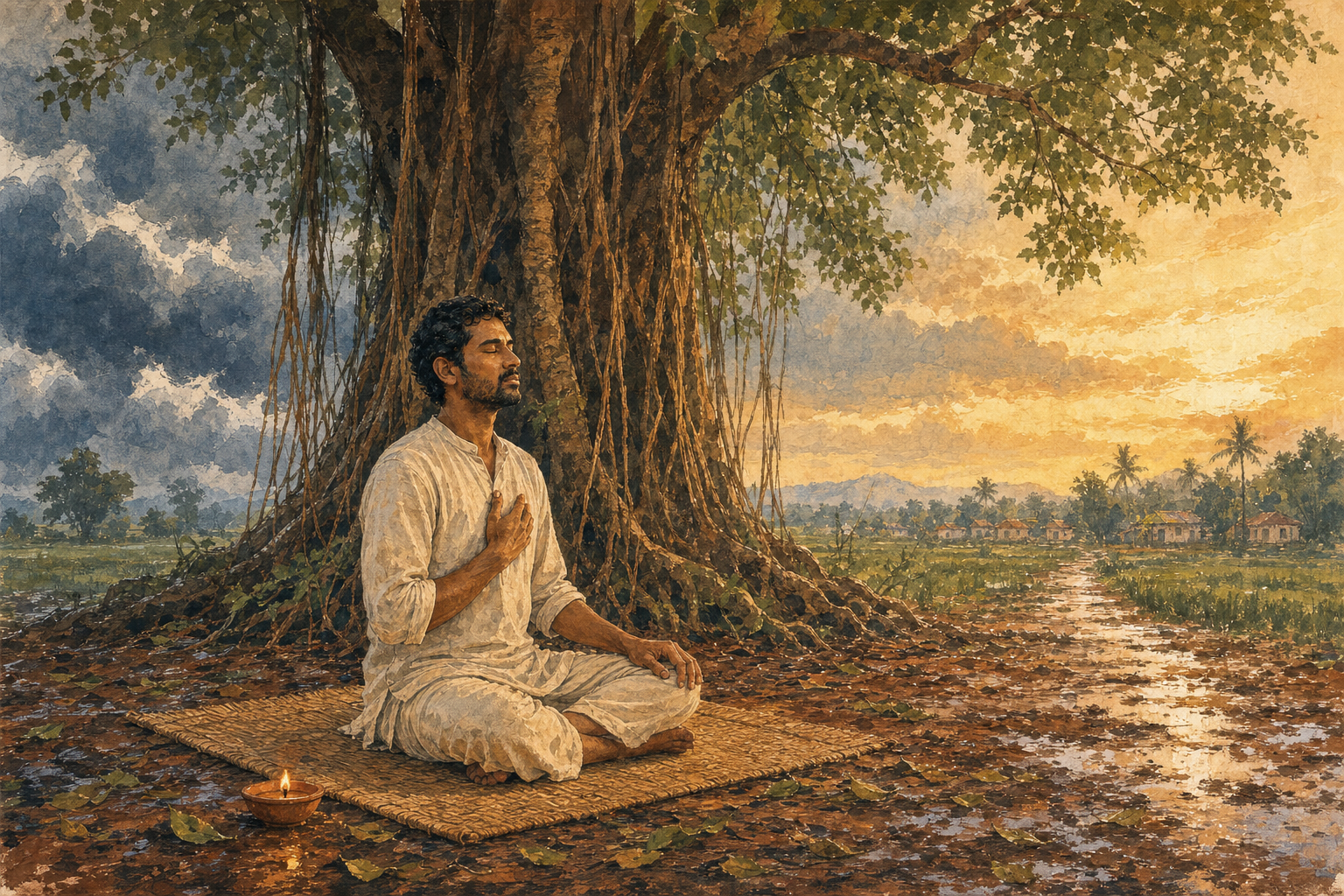 A practitioner meditates beneath a banyan tree at dawn as dark monsoon clouds recede and sunlight reaches a path toward a distant village.
