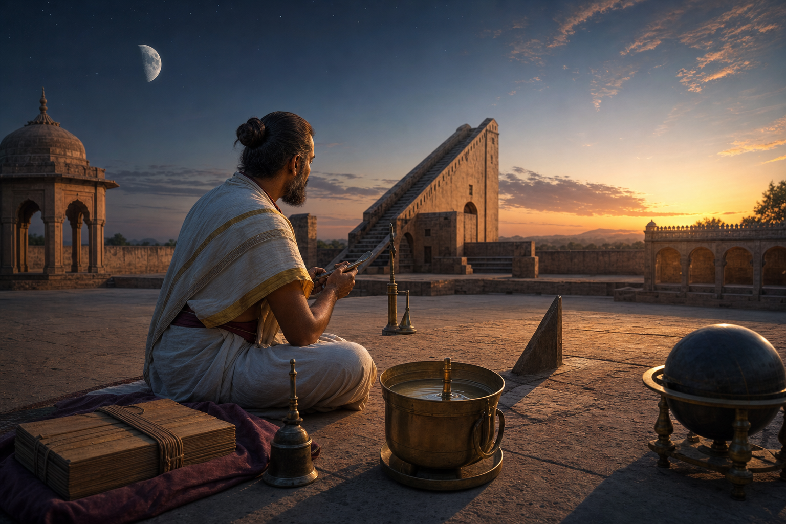 A calendrical scholar in an observatory courtyard examines a water clock, gnomon, celestial sphere, waning moon, and dawn horizon.