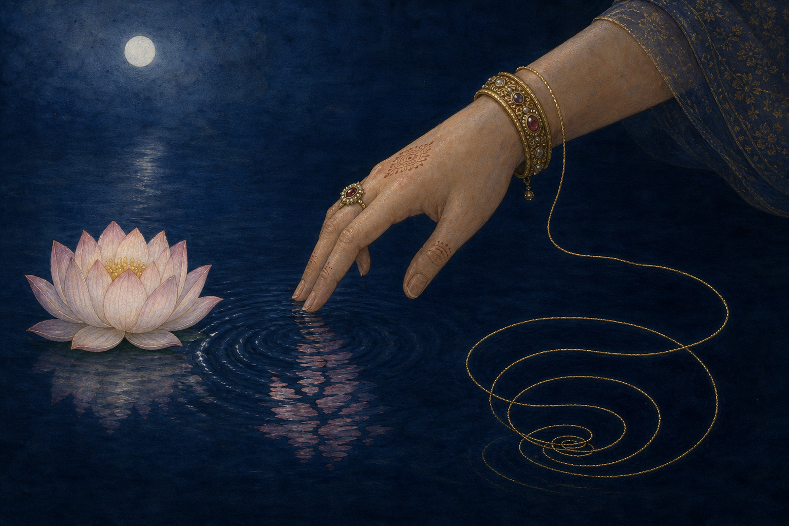 A hand reaches toward a lotus reflection and disturbs it into ripples while the real lotus floats nearby and a gold thread coils in the water.