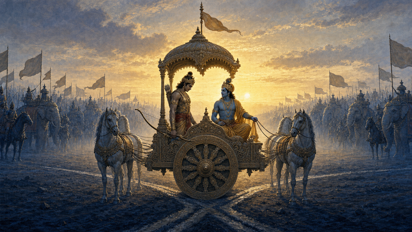 Arjuna stands with his bow lowered on a chariot while Krishna holds the reins between two armies at sunrise.