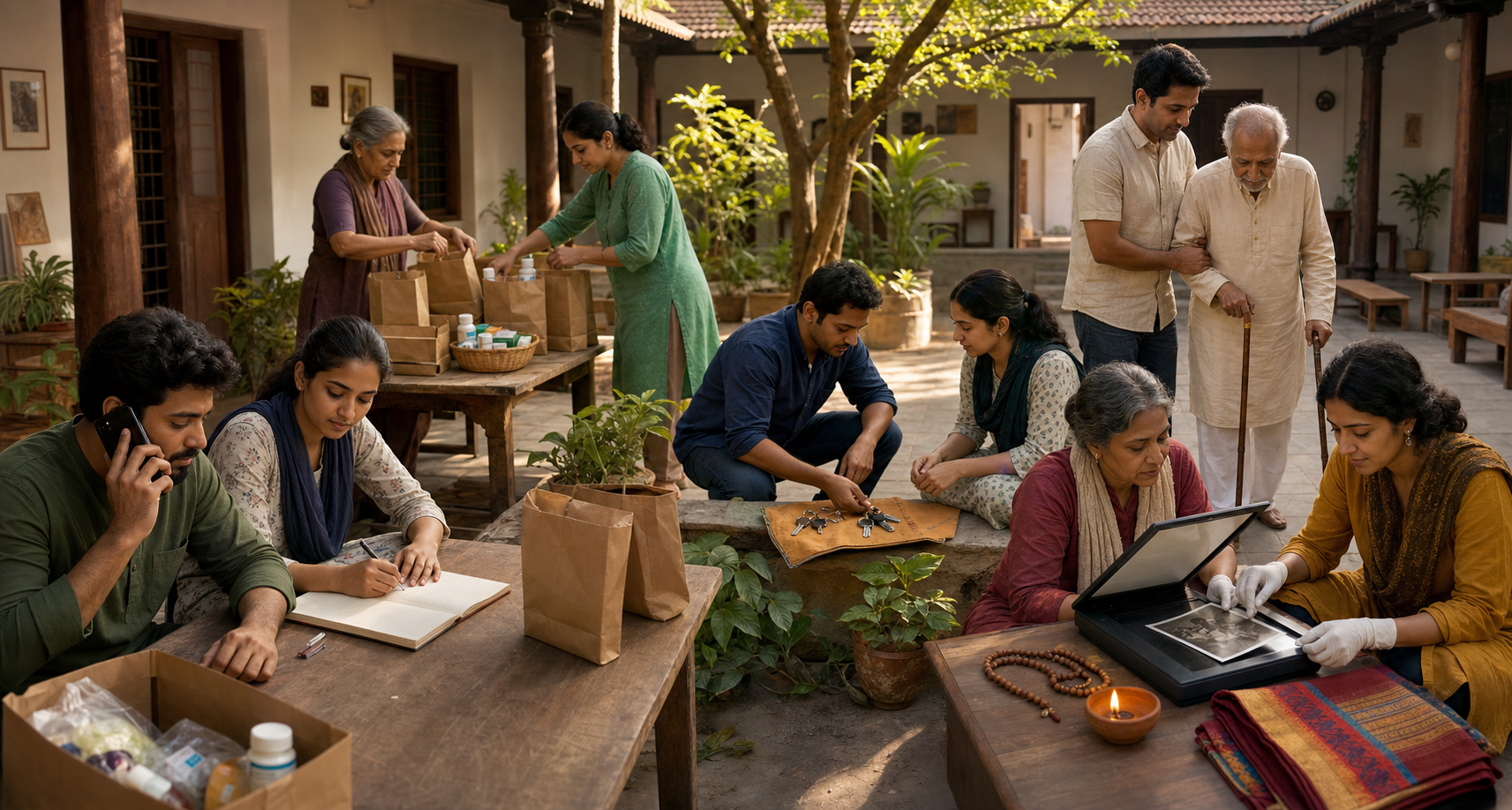 Volunteers in a South Asian community center coordinate verified communication, relief supplies, elder assistance, legal support, transport, and preservation of family heritage.