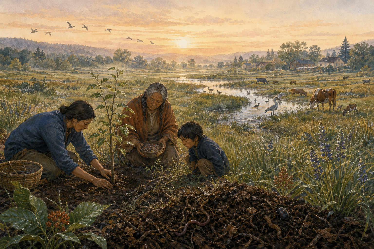 Three people tend a young tree and examine seeds and soil beside a wet meadow with birds and grazing animals.