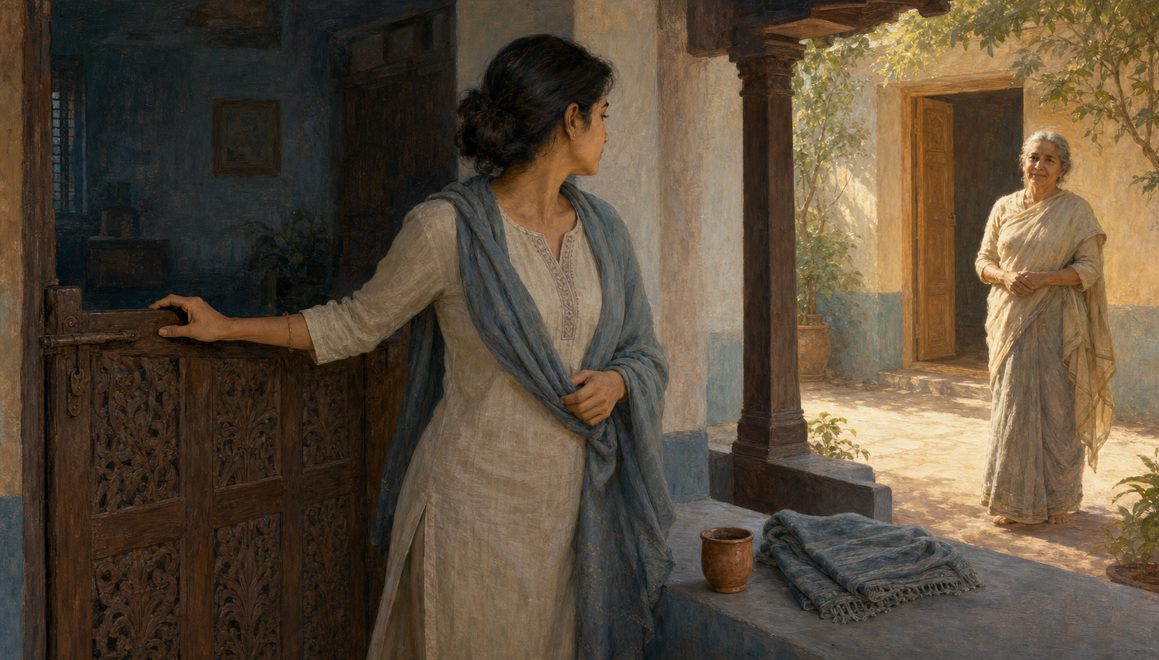 An adult closes a wooden gate on a shadowed interior and turns toward a sunlit courtyard where a supportive elder waits.