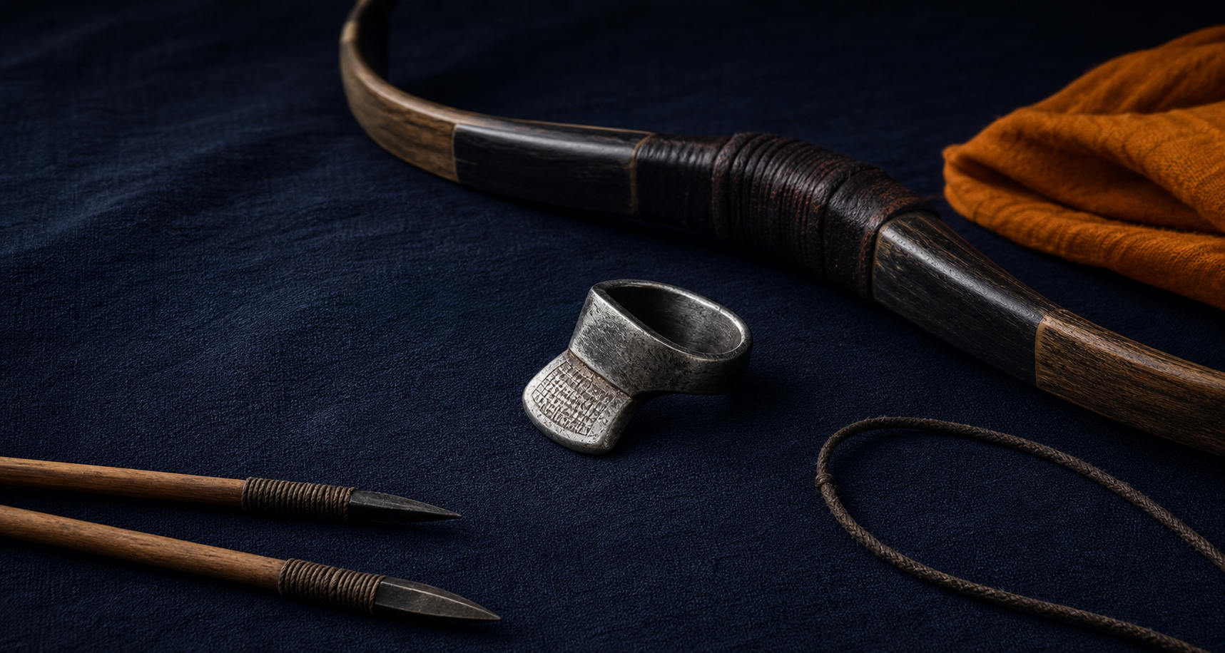 A functional gulsatran thumb ring displayed beside a recurved bow, bowstring, and traditional arrows on dark indigo cloth.