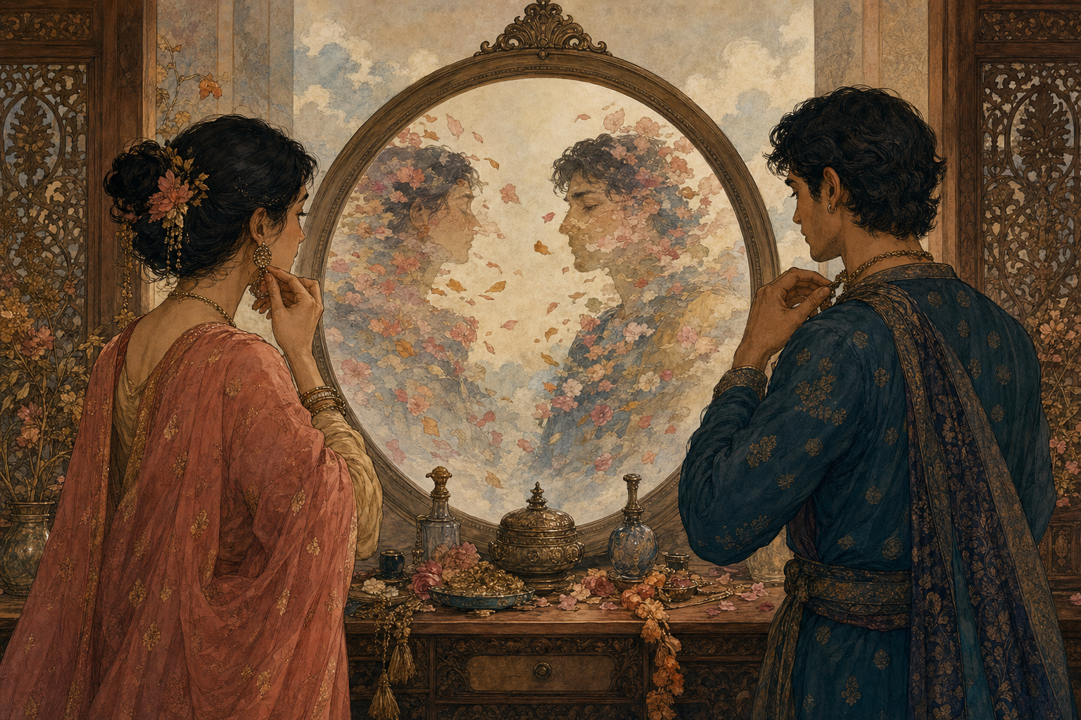 Two adults examine their reflections in a bronze mirror as the reflected images dissolve into flower petals and clouds.