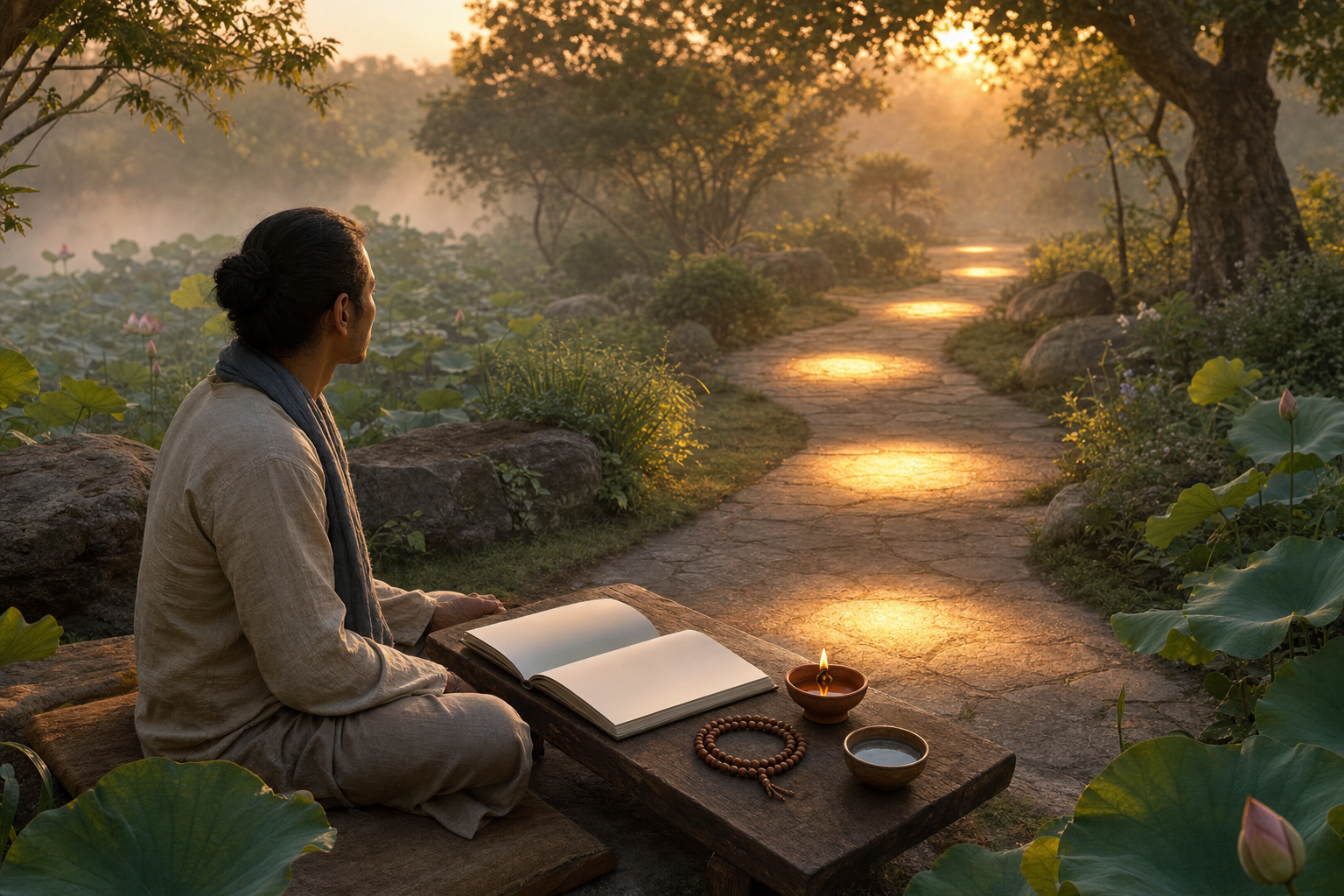 A person reflects beside a blank journal and clay lamp while a garden path extends into the morning light.