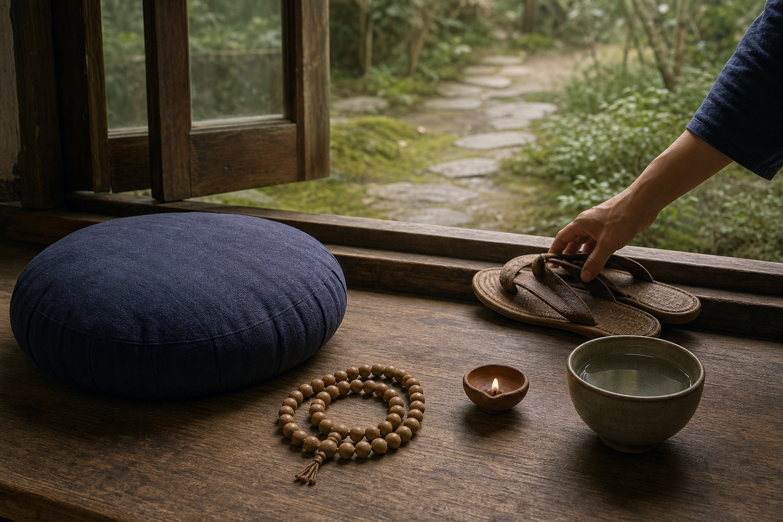 A hand reaches for walking sandals beside a meditation cushion, wooden prayer beads, a clay lamp, and a bowl of water near an open window.