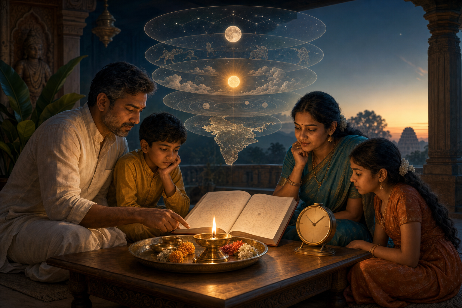 An Indian family at a table with a lamp, flowers, an analog clock, and an open almanac beneath layered sun and moon imagery.