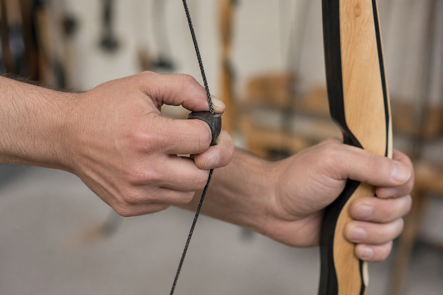 Close-up of an archer demonstrating a thumb draw with a fitted gulsatran while the index finger closes over the drawing thumb.