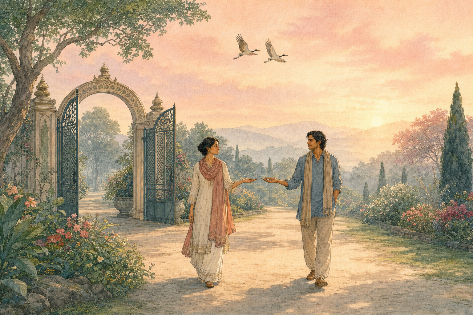 Two companions walk side by side through an open garden at dawn with relaxed, open hands and two untethered birds flying above.