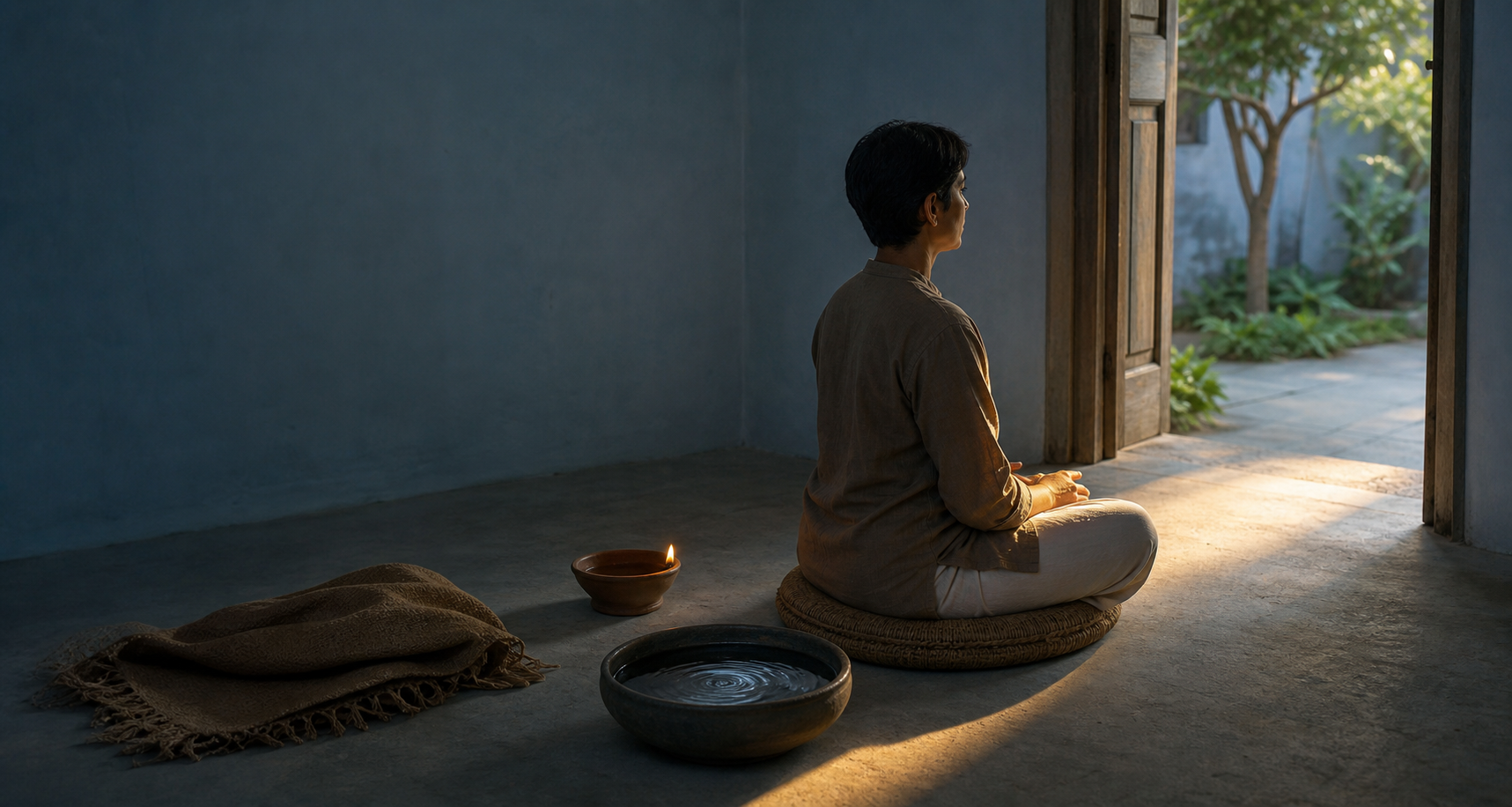 A person meditates on a woven cushion at dawn as warm light passes through an open doorway toward a green courtyard.