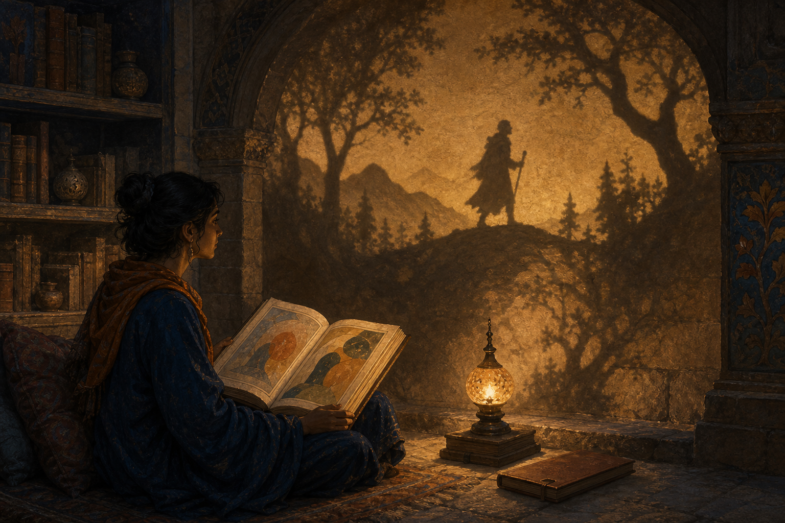 A reader studies an illustrated manuscript by lamplight while the shadow of a traveler crossing a forest ridge appears on the wall.