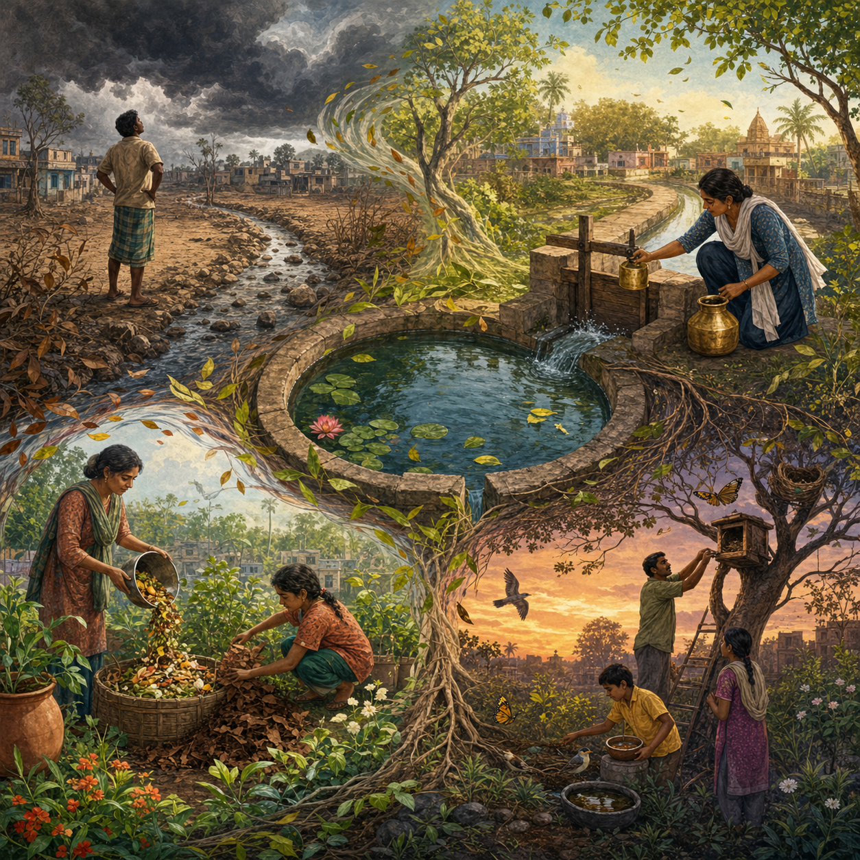 Four connected scenes show people observing weather, limiting water use, making compost, and caring for wildlife habitat around a basin.