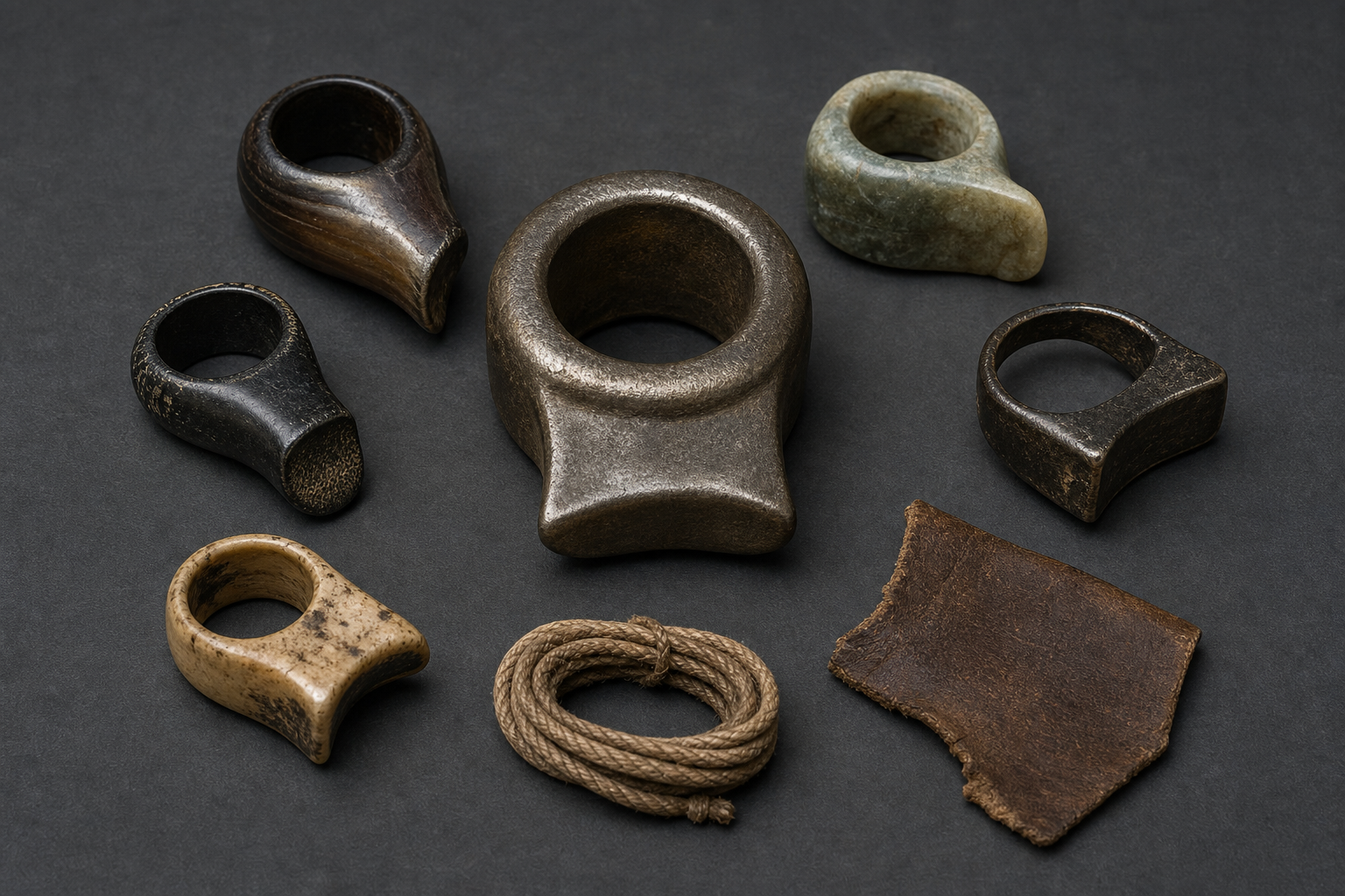 Several differently shaped Asian archery thumb rings in metal and natural materials arranged together on a museum-style table.