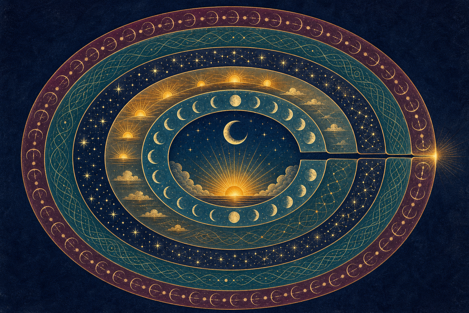 Five nested celestial bands align around a sun and crescent moon, creating one narrow illuminated opening.