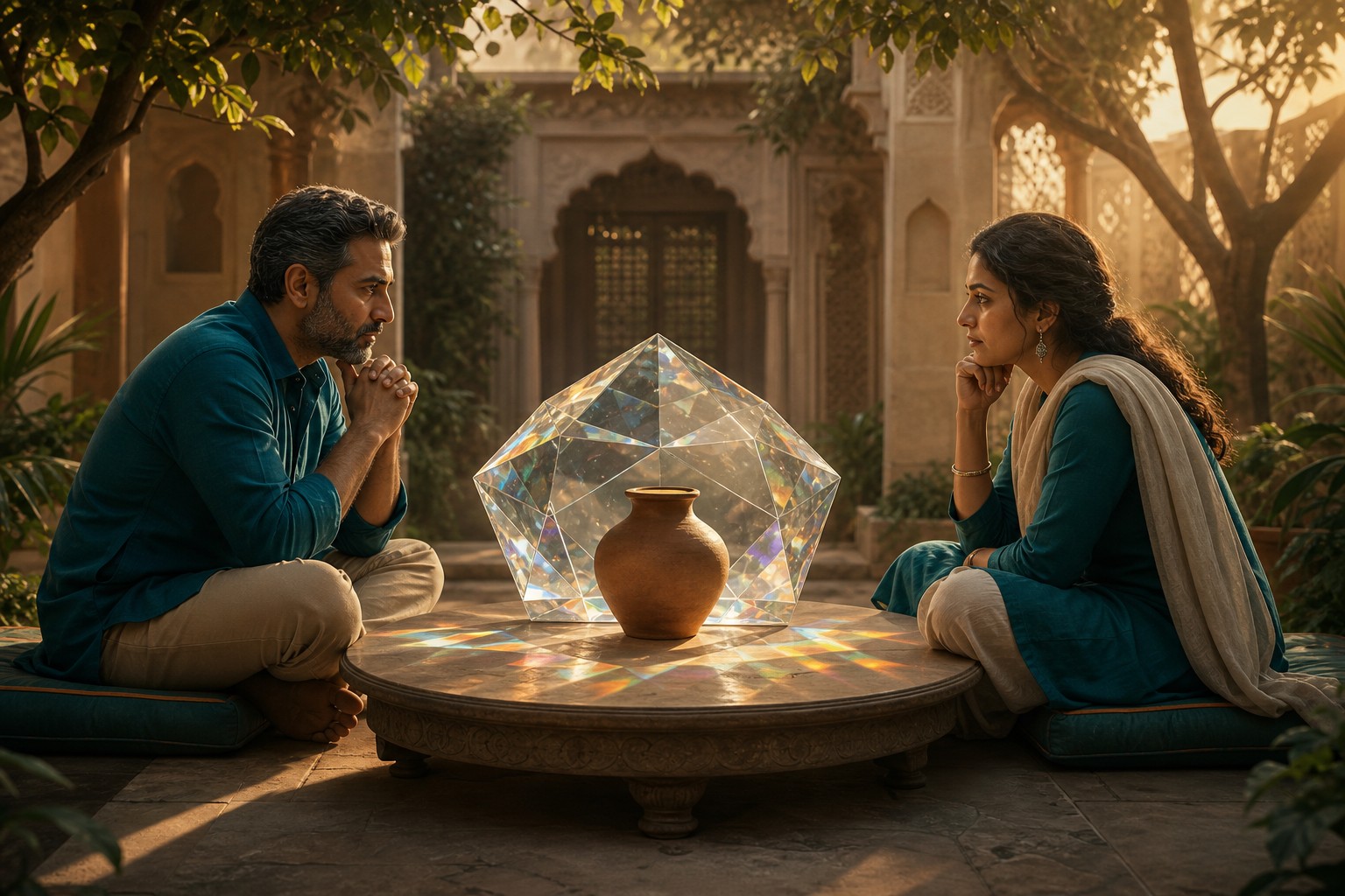 Two people face each other across a table with a faceted crystal and a clay vessel between them.