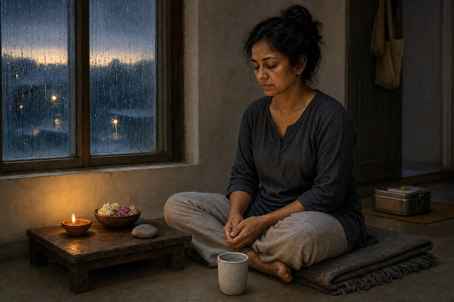 A weary adult maintains a simple predawn practice beside a clay lamp and flowers while rain falls outside the window.
