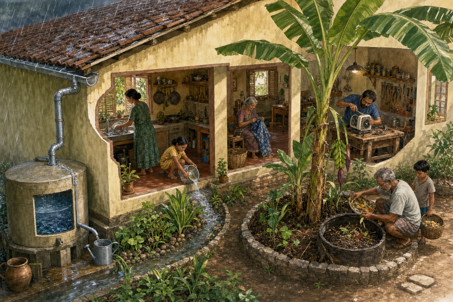 A household collects rainwater, reuses wash water in a planted courtyard, composts scraps, mends clothing, and repairs an appliance.