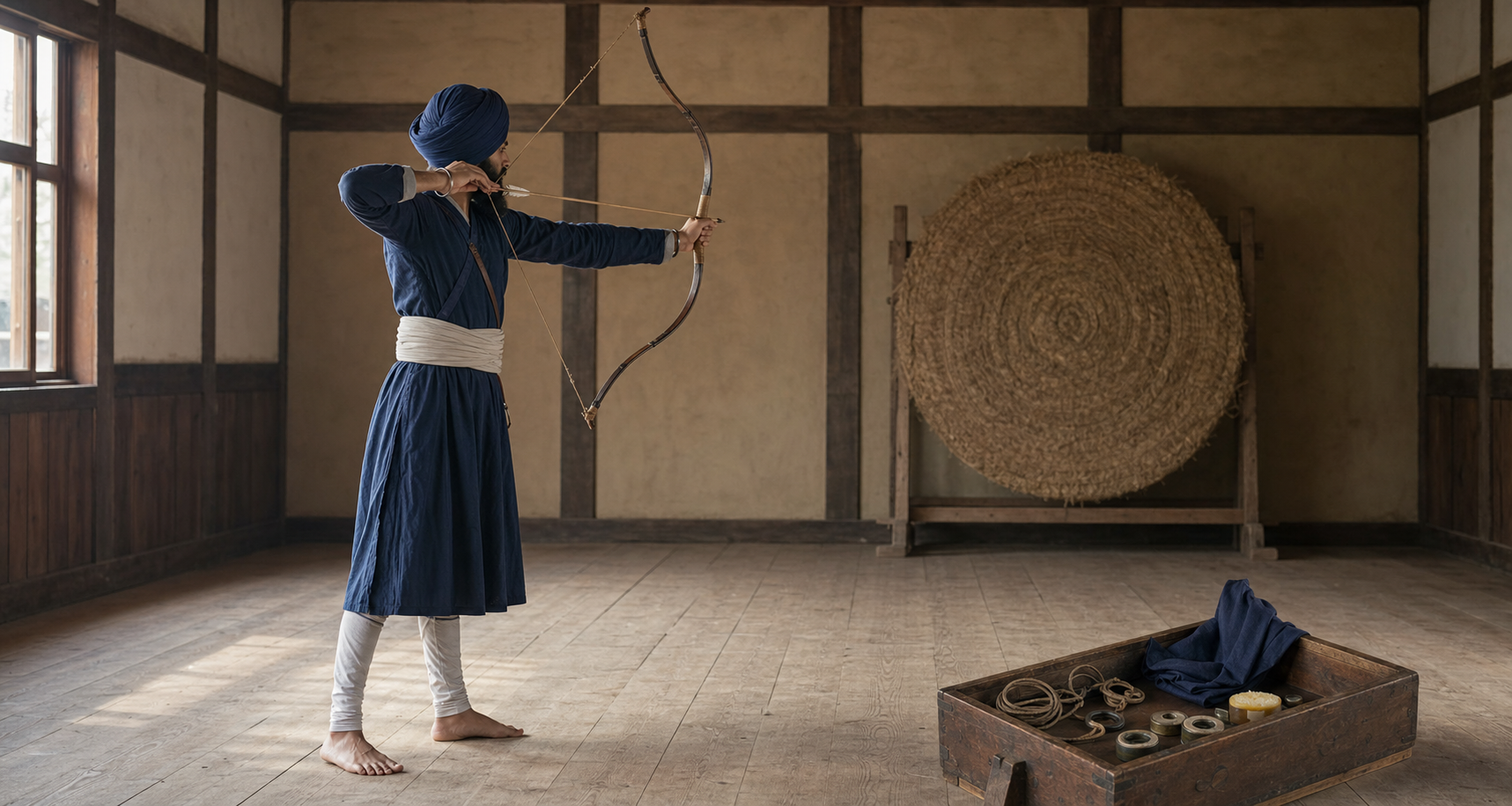 A Sikh archer in practical training clothes practices a controlled thumb release with a gulsatran toward a straw backstop.