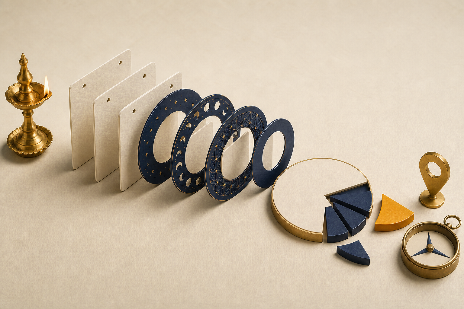 A desk arrangement narrows blank calendar cards through celestial filters to one highlighted segment on an unnumbered clock.