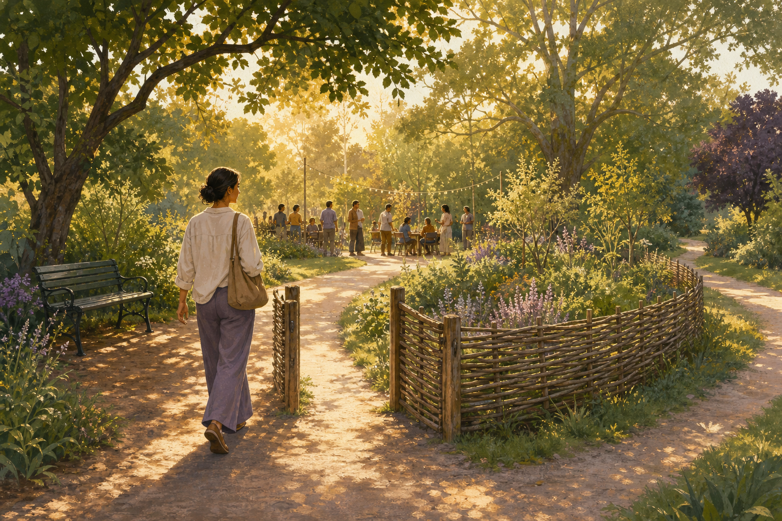 An adult walks through an open garden gate toward people gathered in a park, with a quiet shaded bench nearby.