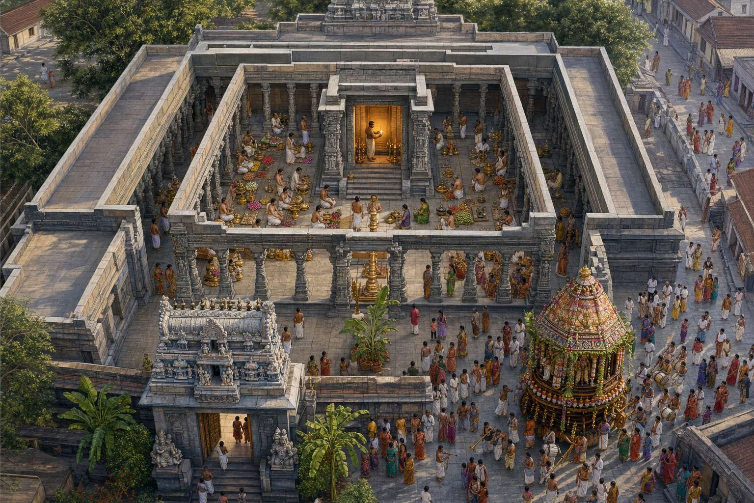 Cutaway illustration of a temple showing daily worship near the sanctum, special preparations in the hall, and a festival gathering in the outer courtyard.