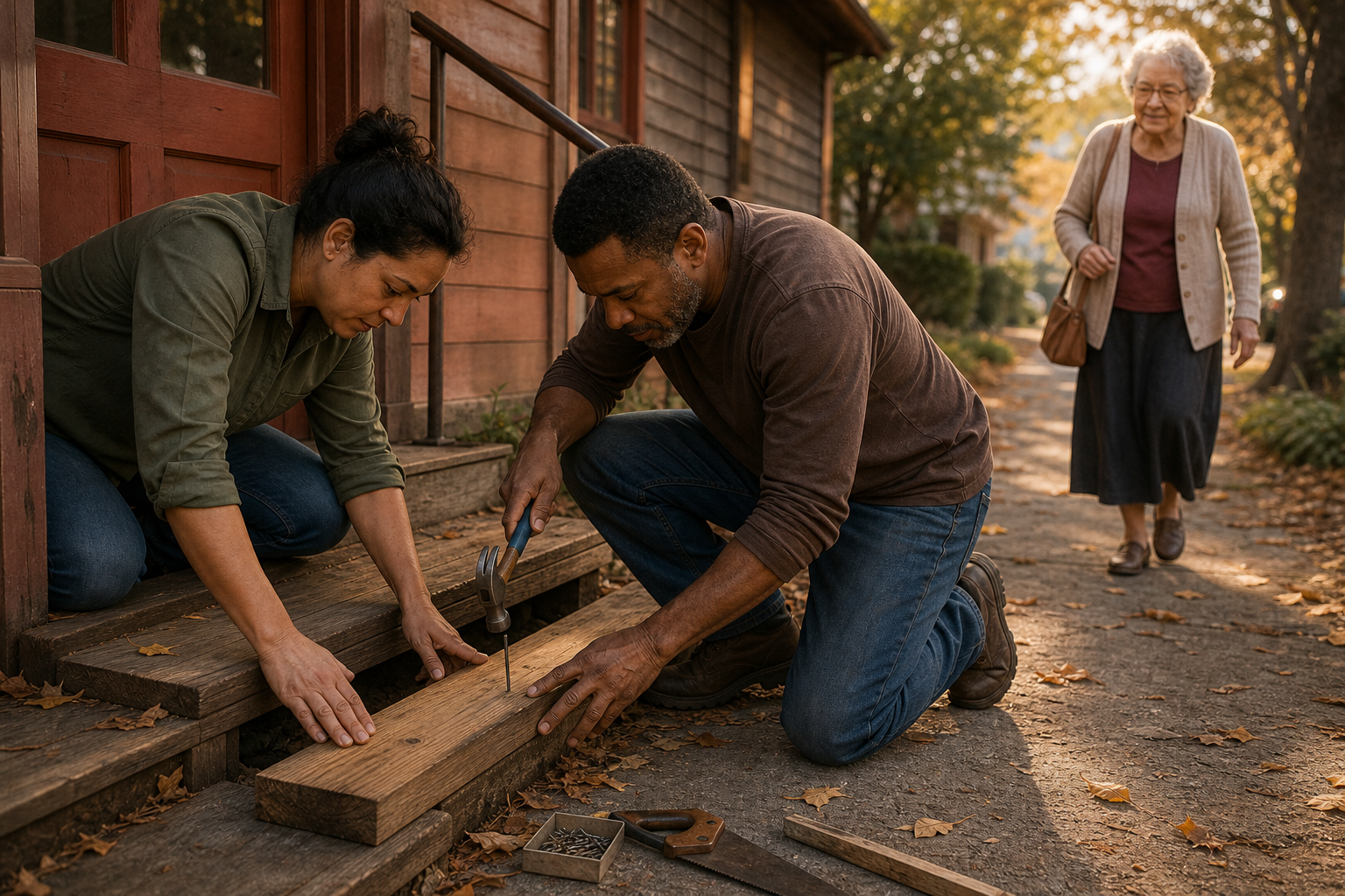 A person repairs a wooden step at a community hall while another person assists and an older neighbor approaches.
