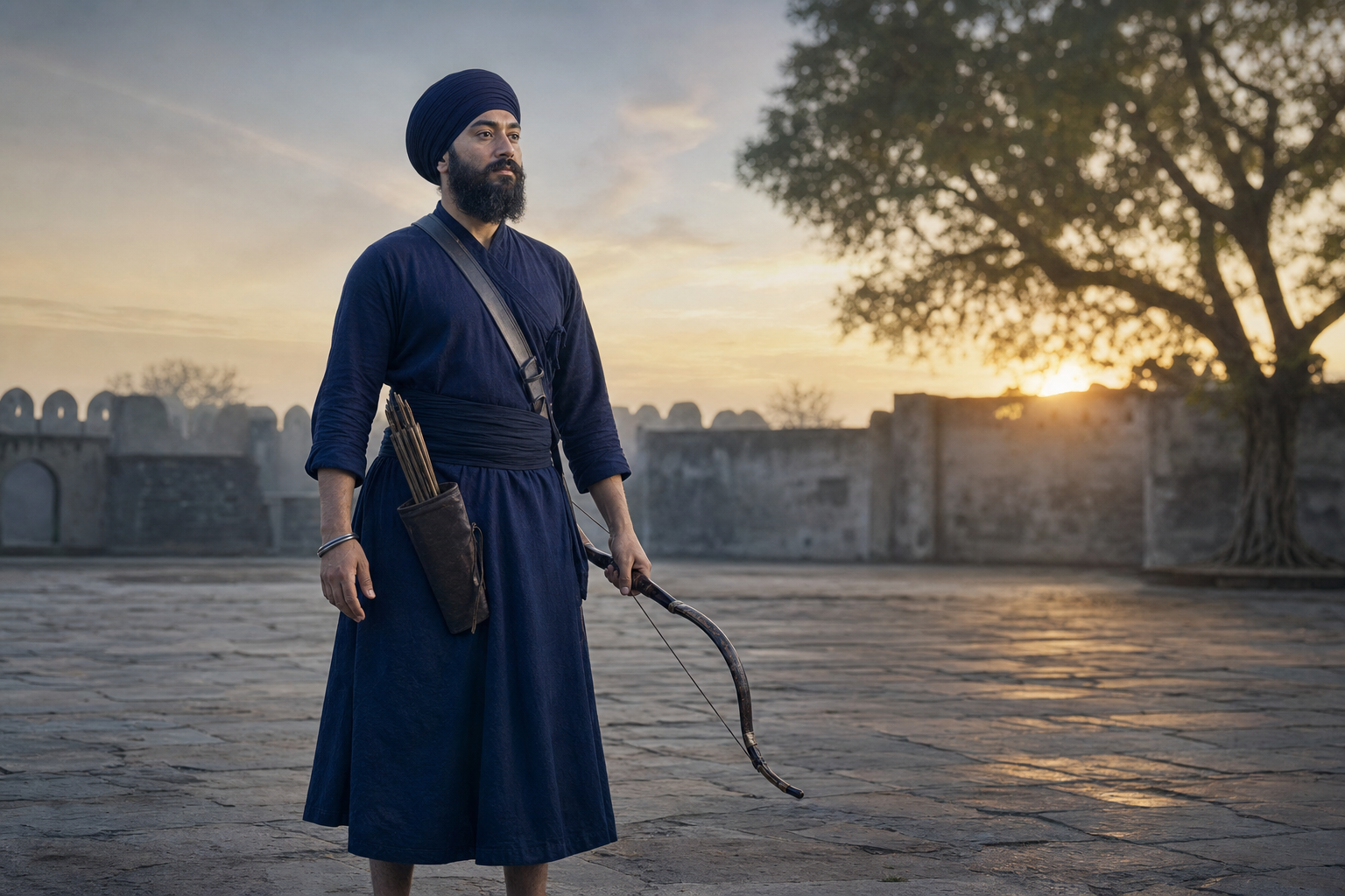 A Sikh archer stands calmly at dawn with a lowered bow, a relaxed gulsatran-wearing hand, and arrows secured in a quiver.