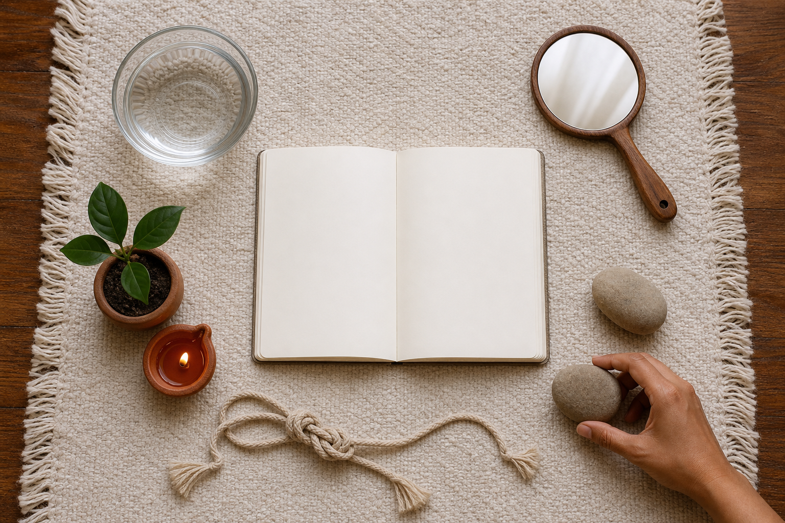Five reflective objects form a circle around a blank notebook as a hand places a stone on a woven mat.