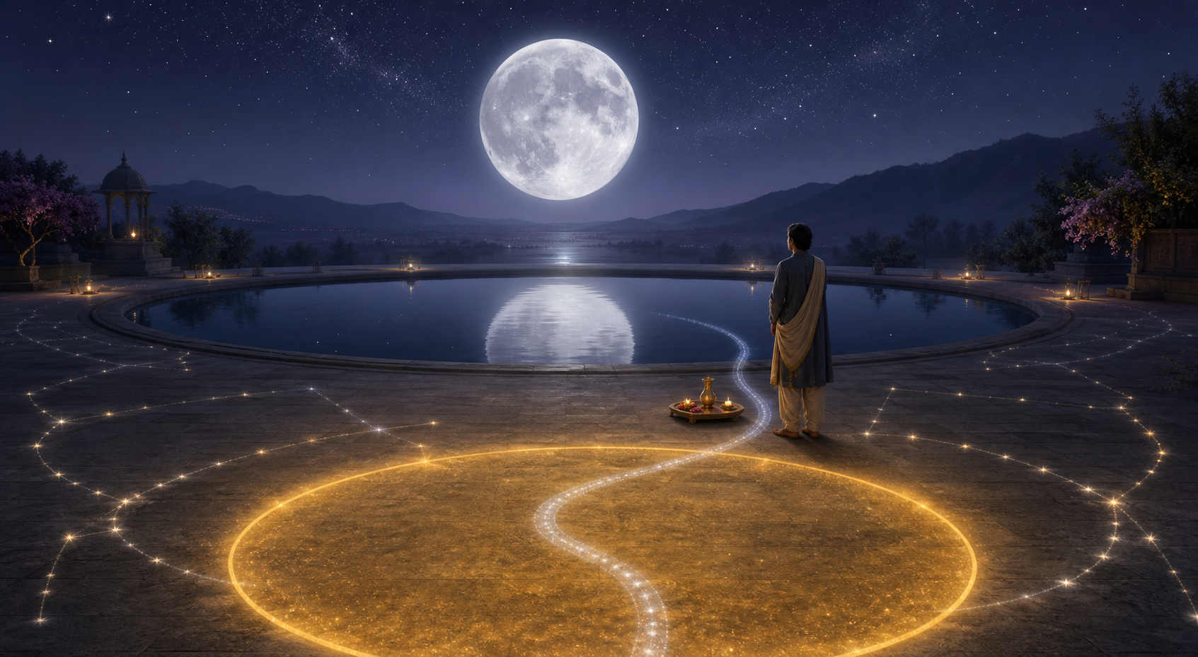 A person beside a moonlit circular pool faces a silver star path passing through a broader golden timing window.