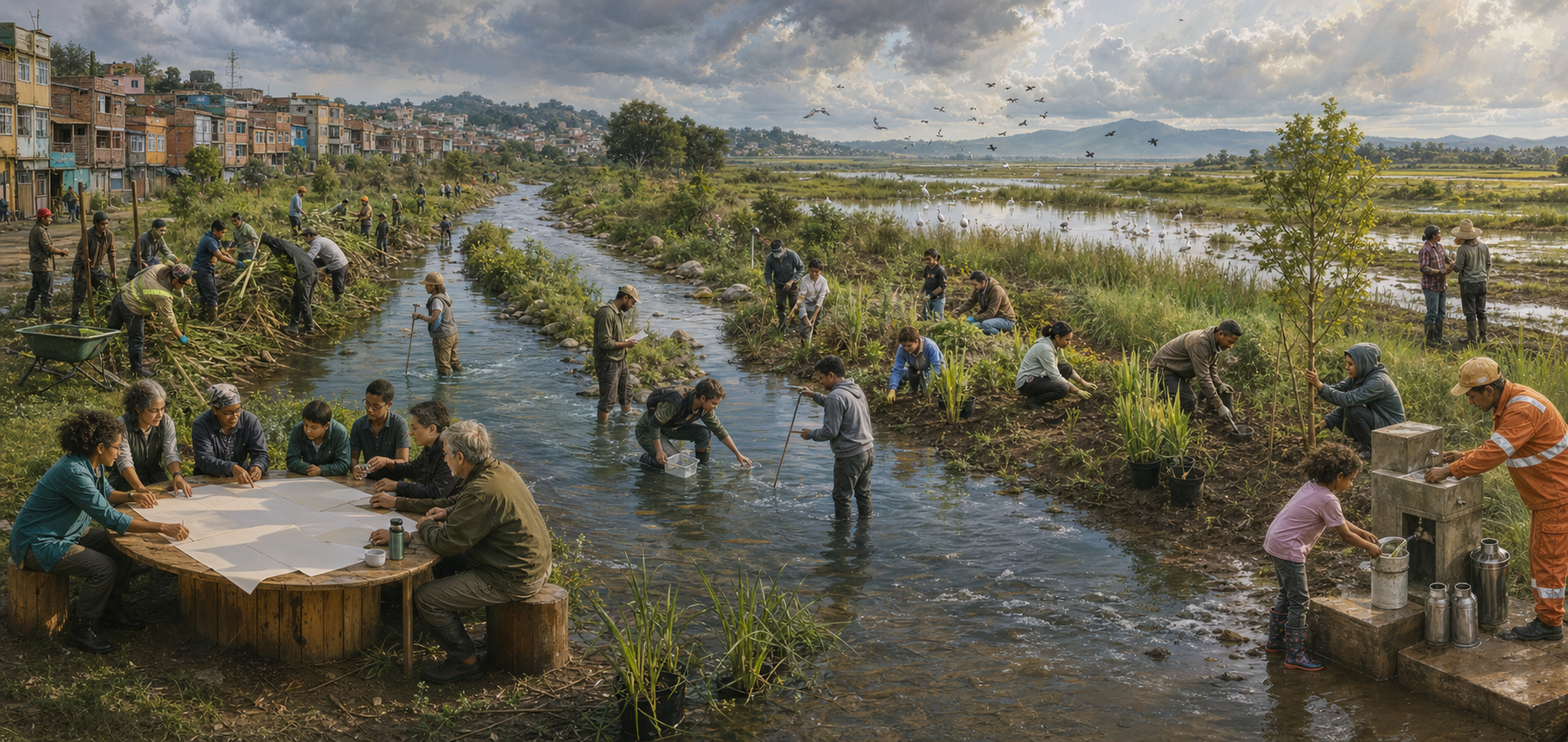 Residents and public workers plant vegetation, maintain a water point, and care for a neighborhood waterway that flows toward wetlands.