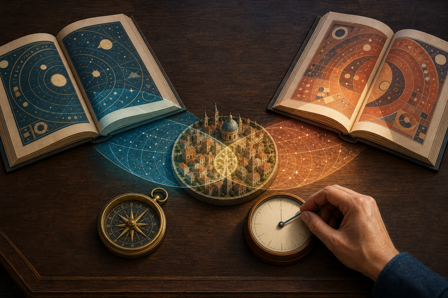 Two open almanacs project overlapping celestial bands toward a compass, an unnumbered clock, and a small city model.