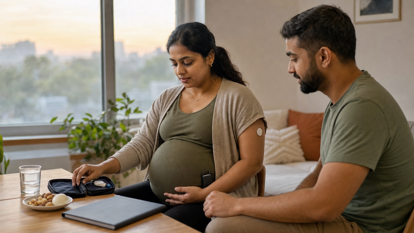 A pregnant woman wearing a glucose sensor and insulin pump sits by a window with a monitoring kit while her partner sits beside her.