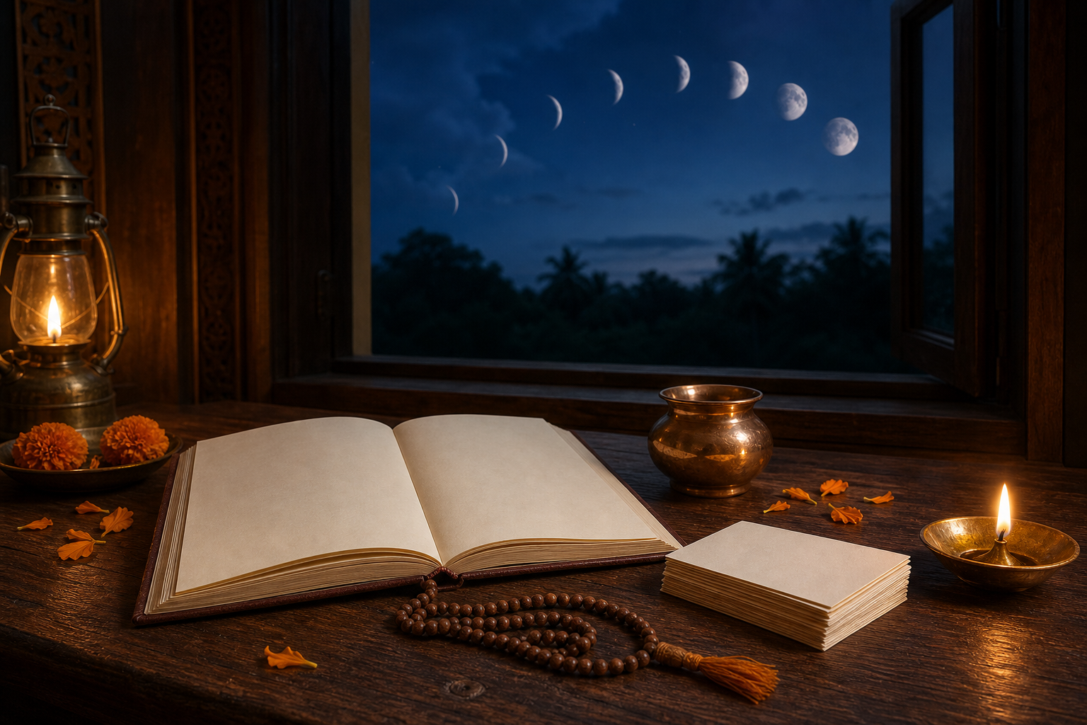 A brass oil lamp, prayer beads, copper vessel, marigold petals, blank notebook, and unmarked calendar cards arranged beneath a moonlit sky.