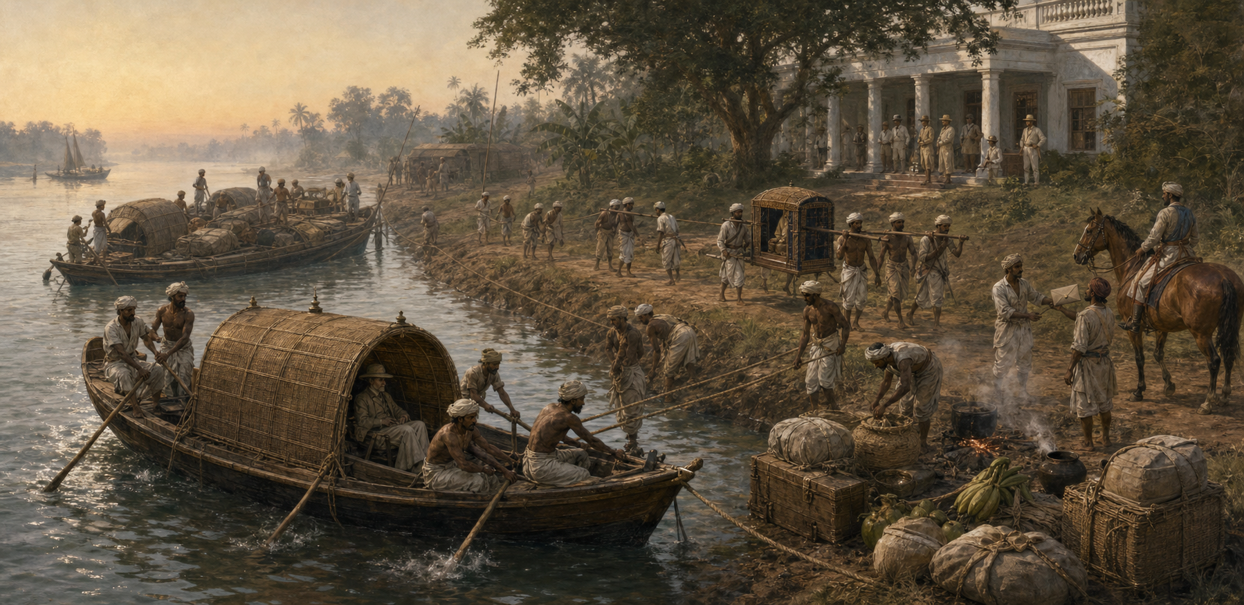 An early nineteenth-century boat procession on the Ganges is supported by rowers, towmen, bearers, cooks, messengers, baggage boats, and waiting officials.