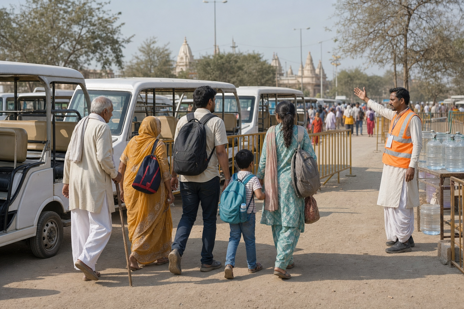 A family leaves a shared shuttle and enters a barricaded pedestrian route for the last part of the journey into Khatu.