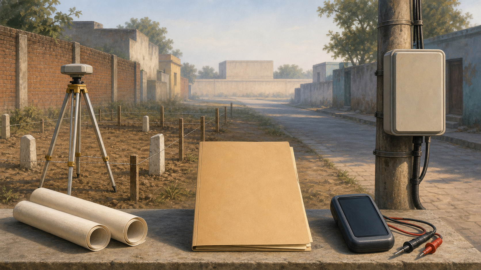 An editorial illustration shows land-survey equipment on one side of a North Indian streetscape and an electricity meter inspection setup on the other.