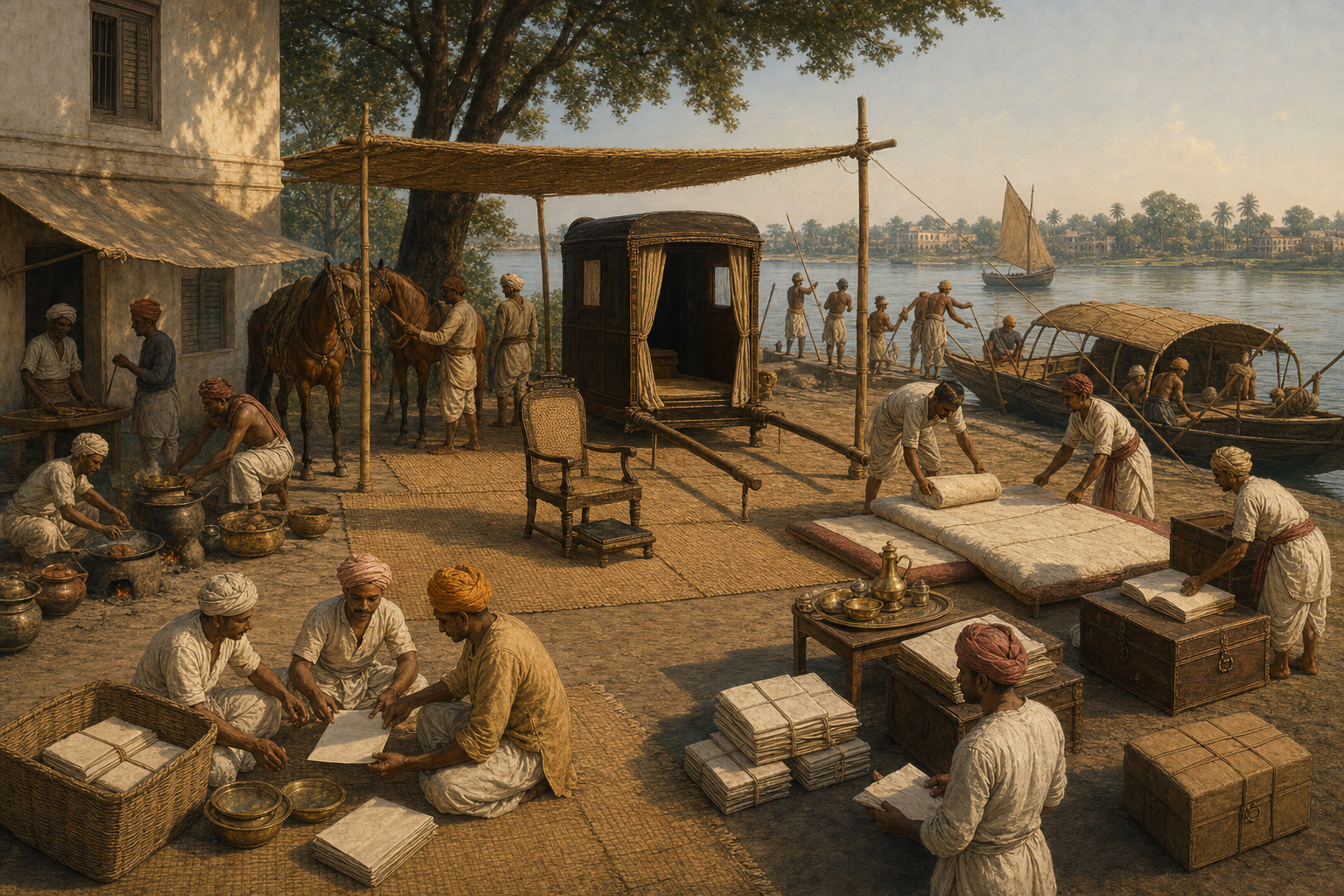 Bearers, cooks, boatmen, grooms, servants, clerks, and messengers prepare a Bengal halting place for an absent elite traveler.