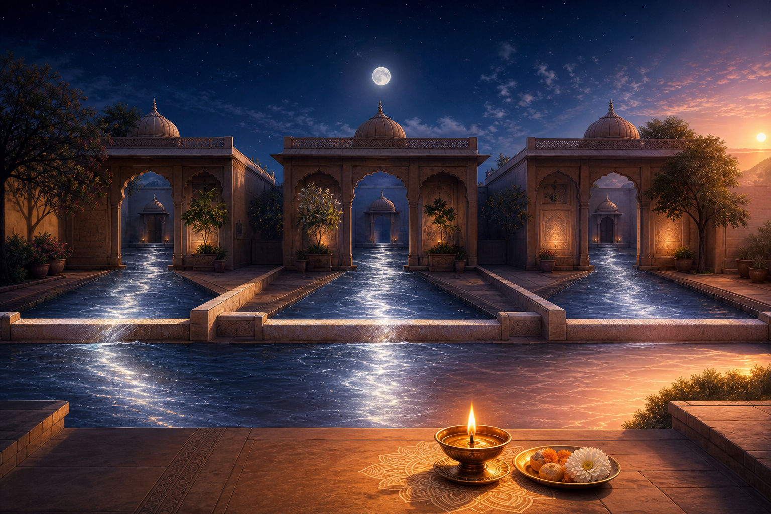 Moonlight flows across three divided courtyards while a brass lamp and offering plate sit near the transition from night to dawn.