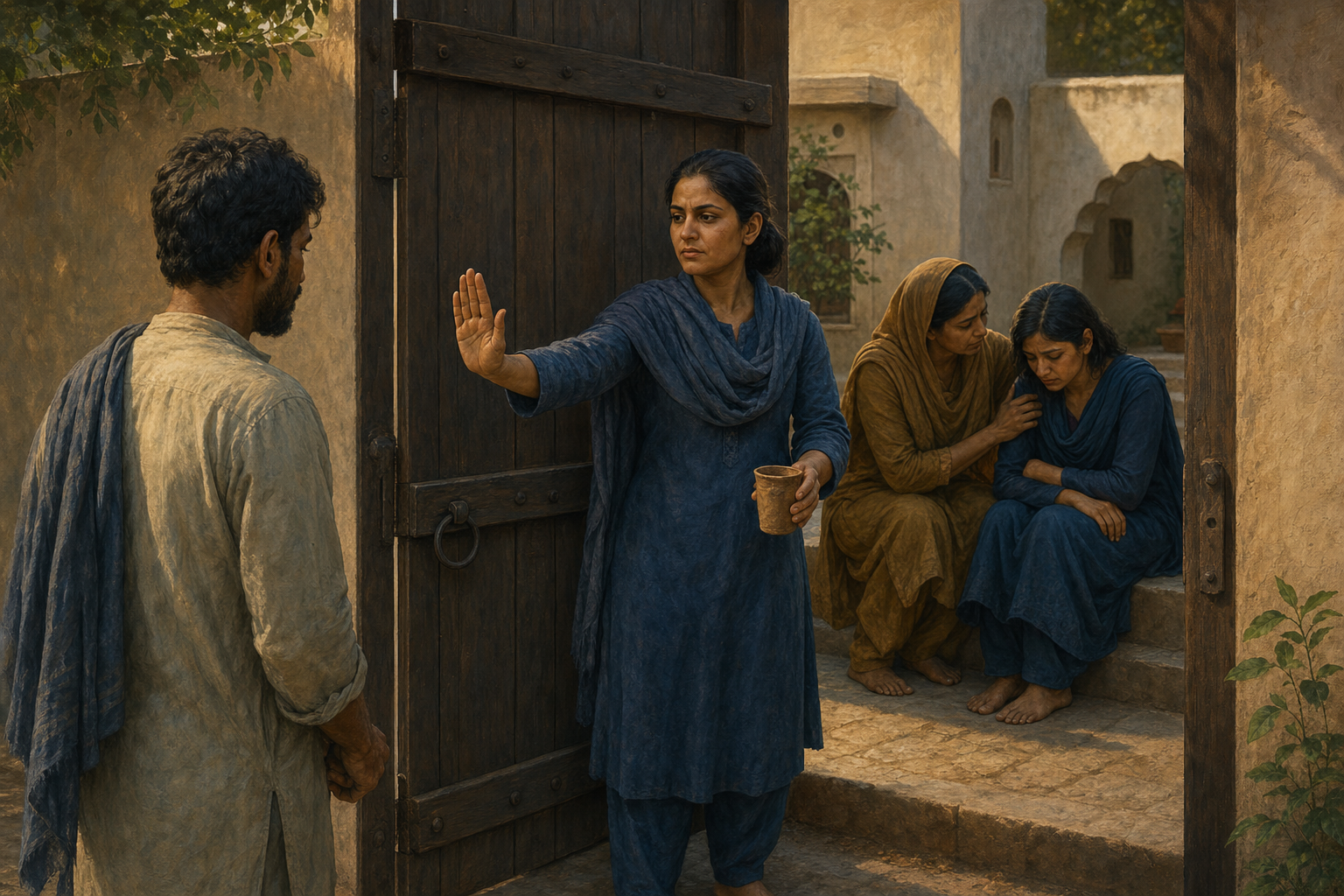 A person beside a partly closed courtyard gate makes a stop gesture while offering water, as another adult comforts someone safely behind the gate.