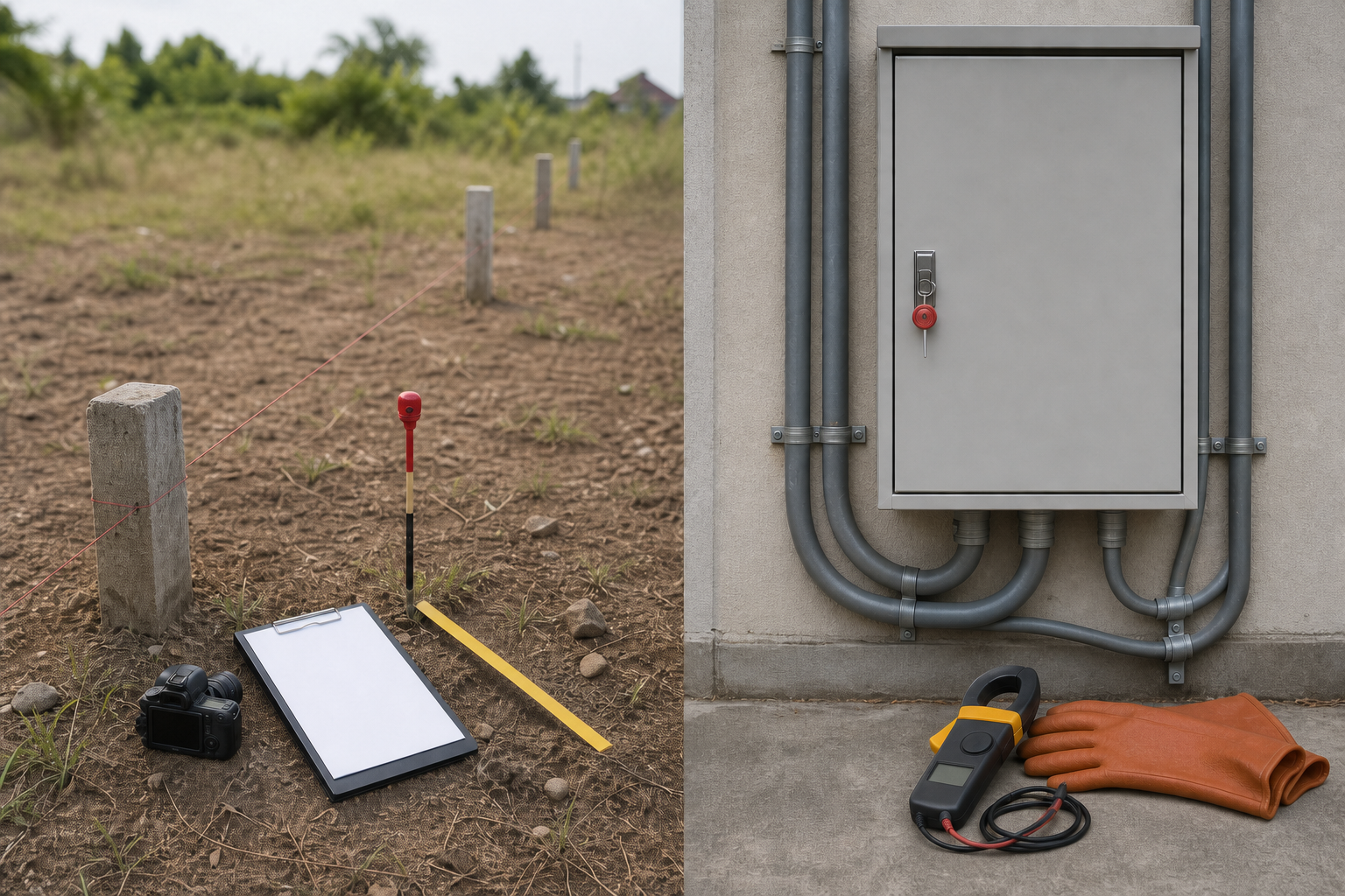 A split editorial scene separately depicts land-boundary documentation and inspection equipment beside an electricity meter cabinet.