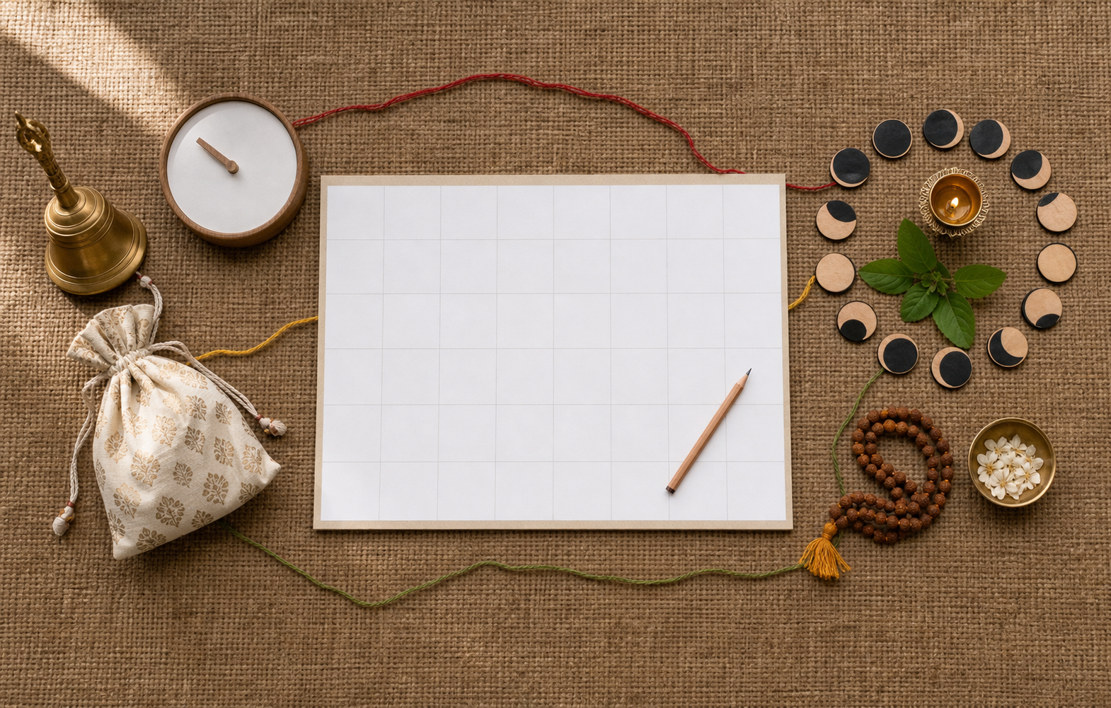 An unmarked monthly planner is arranged with moon-phase tokens, ritual items, a temple bell, a travel pouch, and a clock without numerals.