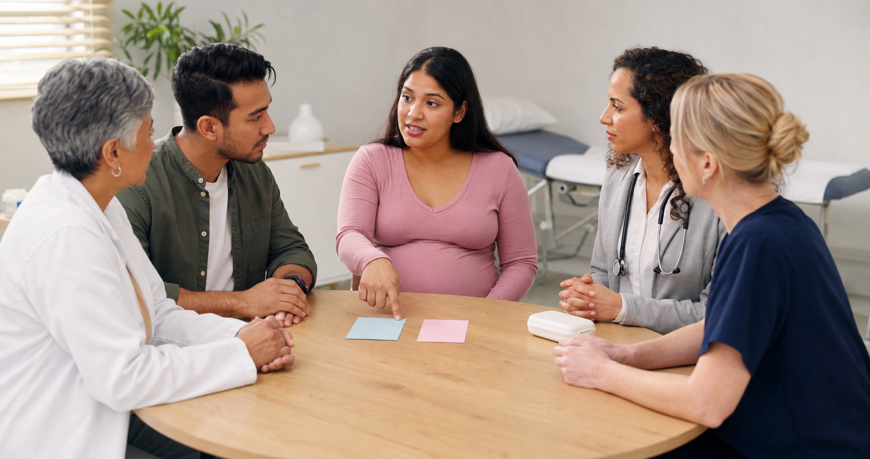 A pregnant woman discusses two blank planning cards with her partner and a multidisciplinary maternity care team at a clinic table.