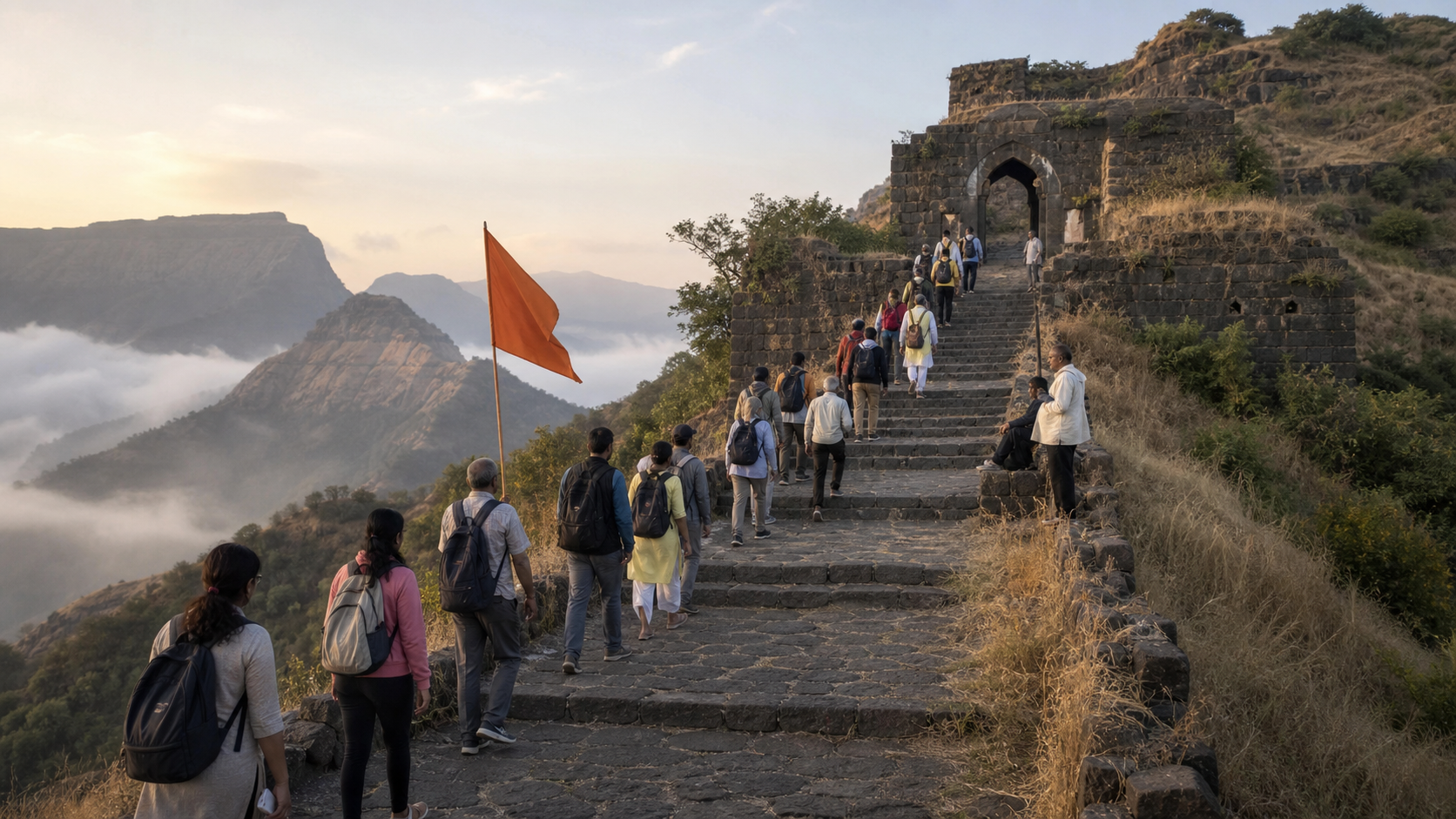 Pilgrims carrying daypacks and a plain saffron flag ascend weathered basalt steps toward a hill-fort gateway in the Sahyadri mountains at dawn.