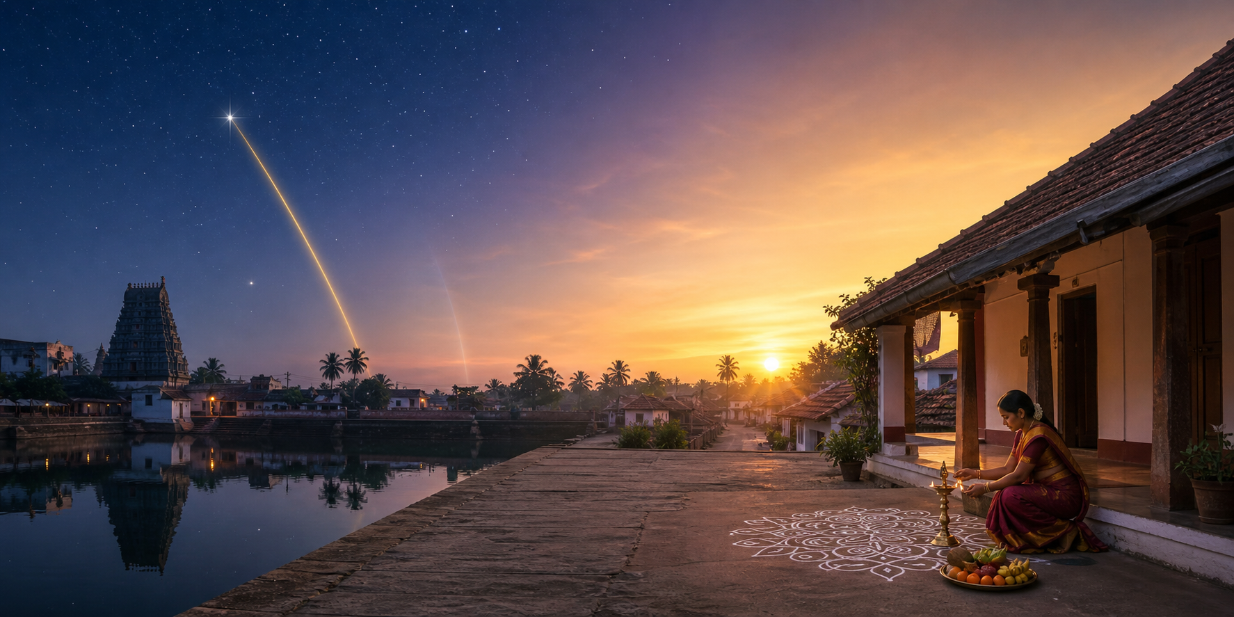 A predawn celestial transition and the following sunrise observance shown across one continuous Tamil town scene.